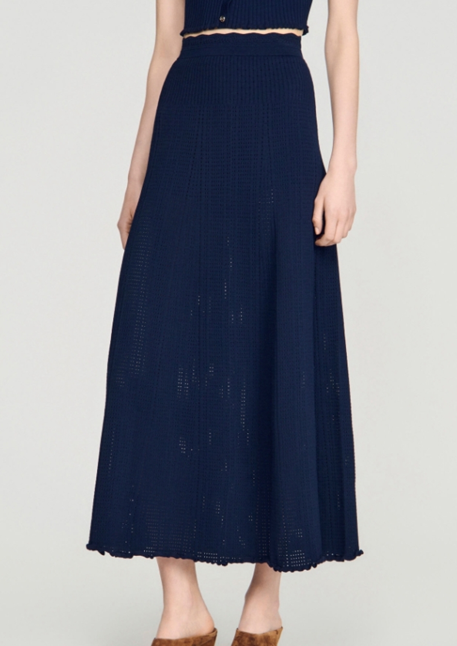 🦞Sandro Navy Knit Two‑Piece Set Cropped Top Long Midi Skirt - Picture 4 of 11